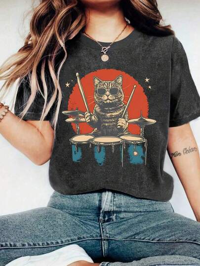 Plus Size Round Neck Regular Sleeve T-Shirt Featuring Cool Cat Drummer Graphic Print And High Stretch Material