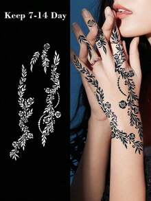 1pc Fashion Simple Henna Tree Leaf, Flower And Vine Hand Art Temporary Tattoo, Safer Can Last 7-14 Days - 黑色 - 查看 1