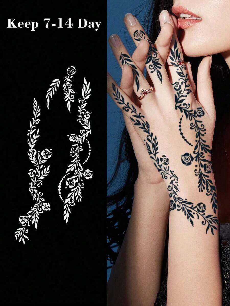 1pc Fashion Simple Henna Tree Leaf, Flower And Vine Hand Art Temporary Tattoo, Safer Can Last 7-14 Days - 黑色 - 查看 1