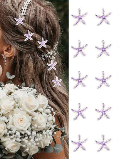 5pcs Purple Rhinestone Starfish Hair Clips, Elegant Decorative Hair Pins, Suitable For Girls/Women, Beach Wedding Party, Bohemian Zinc Alloy