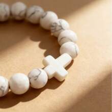 1件8毫米天然石十字架疗愈手链，基督教祈祷饰品 - 白松石色 - 查看 3
