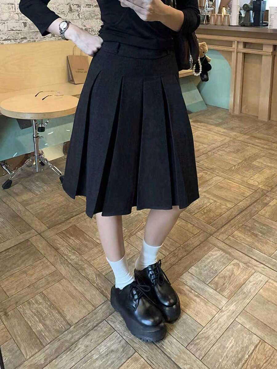 复古百褶A字裙，韩版 - 黑色 - 查看 1