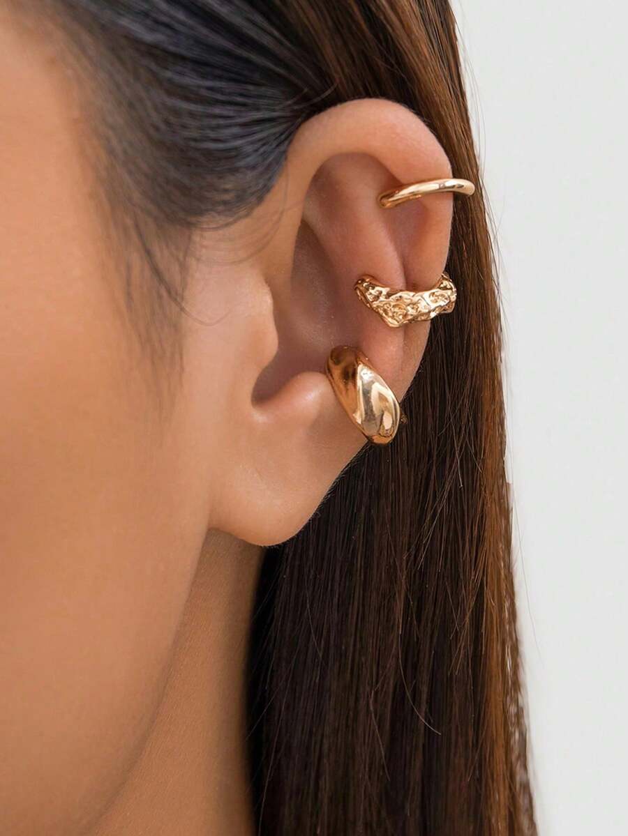 3pcs/Set Teardrop & Round Metal Geometric Foldable Clip-On Earrings - Gold - View 1