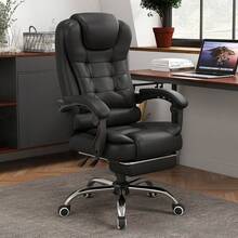 Silla de computadora premium con función de reclinación total, reposapiés integrado, masaje lumbar opcional y asiento con núcleo de látex natural para máxima comodidad; respaldo alto con forma arqueada, brazos acolchados, ajuste neumático de altura y base metálica cromada de alta resistencia, diseñada para combinar productividad, relajación y estilo en entornos profesionales o domésticos. - Negro - Ver 5