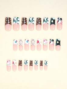 24pcs Medium Square Press-On Nails, Y2K Style Upgrade Your Manicure! Includes Soft Pink Striped, Cute Blue-Green Floral, Wide French Tip, Retro Elegant Solid Brown, Colorful Polka Dot, Asymmetric Round French Nail Stickers. Suitable For Women And Girls. Contains 1 Adhesive Sticker And 1 Mini Gel Sticker. Randomly Shipped. Nail Supplies - 多色 2 - 查看 3