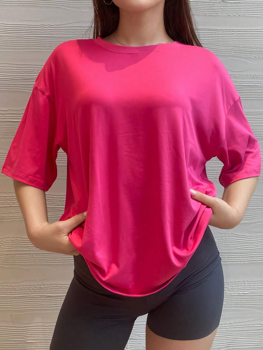 Kaos Olahraga Lengan Pendek Warna Hitam Polos Kasual Longgar - Hot Pink - View 1