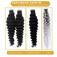 Human Hair Brazilian Deep Wave Tape-In Extensions - Full Head 20 Pcs/Pack,Human Hair Curly Tape In Human Hair Extensions Tape Ins Black Salon High Quality #1B - Natural Black - View 7