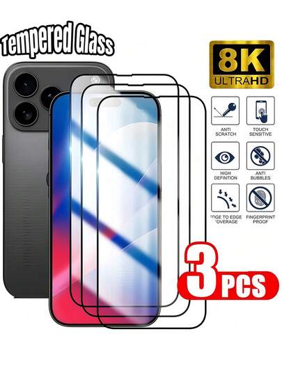 3 piezas de película protectora de pantalla de vidrio templado Ultra HD compatible con iPhone 17 Pro Max 16 15 14 Plus 13 12 11 Series, dureza 9H, borde de impresión de pantalla, tecnología de doble fuerza, a prueba de explosiones, resistente a los arañazos, capa suave y repelente al aceite, adsorción automática, fácil de instalar, película protectora de pantalla
