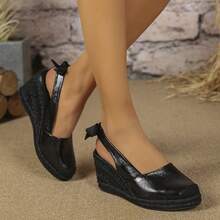 Giày sandal đế xuồng nữ với họa tiết hoa co giãn và chất liệu lấp lánh. - Tất cả màu đen - Xem 9