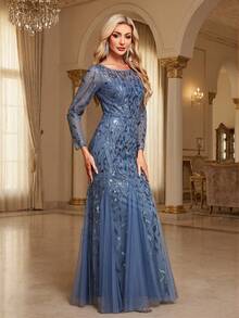 Vestido de fiesta de manga larga con lentejuelas estilo sirena, vestido de invitada formal para bodas, vestido elegante para ceremonia de graduación y banquete de primavera - Neblina azul - Ver 2