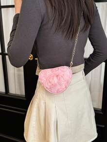 Pink Heart Rose Crossbody Bag, Girly Mesh Flower Bag, Mini Chain Shoulder Bag - Pink - View 3