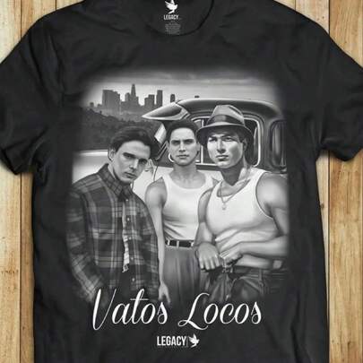 Camiseta Retro Urbana para Hombres Vatos Locos - Diseño Vintage de Cultura Latina con Letras Vatos Locos y Personajes Icónicos - Corte Clásico Suave para Festivales, Noches Temáticas y Atuendos Casuales