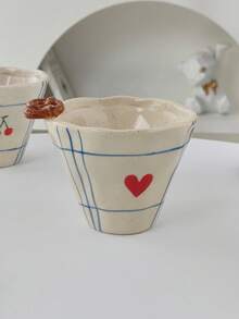 Cabin Kangaroo 1个手工陶瓷杯，3D草莓苹果椒盐脆饼装饰，不规则蓝色格子图案，复古咖啡杯，可爱美观的女士水杯，礼品及日常用品 - 彩色 - 查看 8