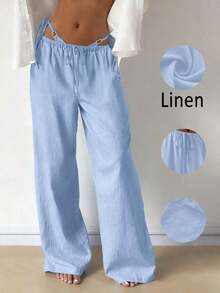 Pantalones anchos de lino sueltos, cómodos y versátiles para mujer, ideales para primavera - Azul - Ver 2