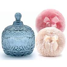 Luxury 4 Inch Glass Powder Container With 2 Soft Puffs For Loose Powder - 1 Puff beige 1 lazo rosa con corona-gris azul - Ver 11
