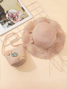 Summer Kids Straw Hat & Mini Crossbody Bag Set, Fashionable Matching Parent-Child Bucket Hat With Wide Brim For Sun Protection - 2pcs - View 5