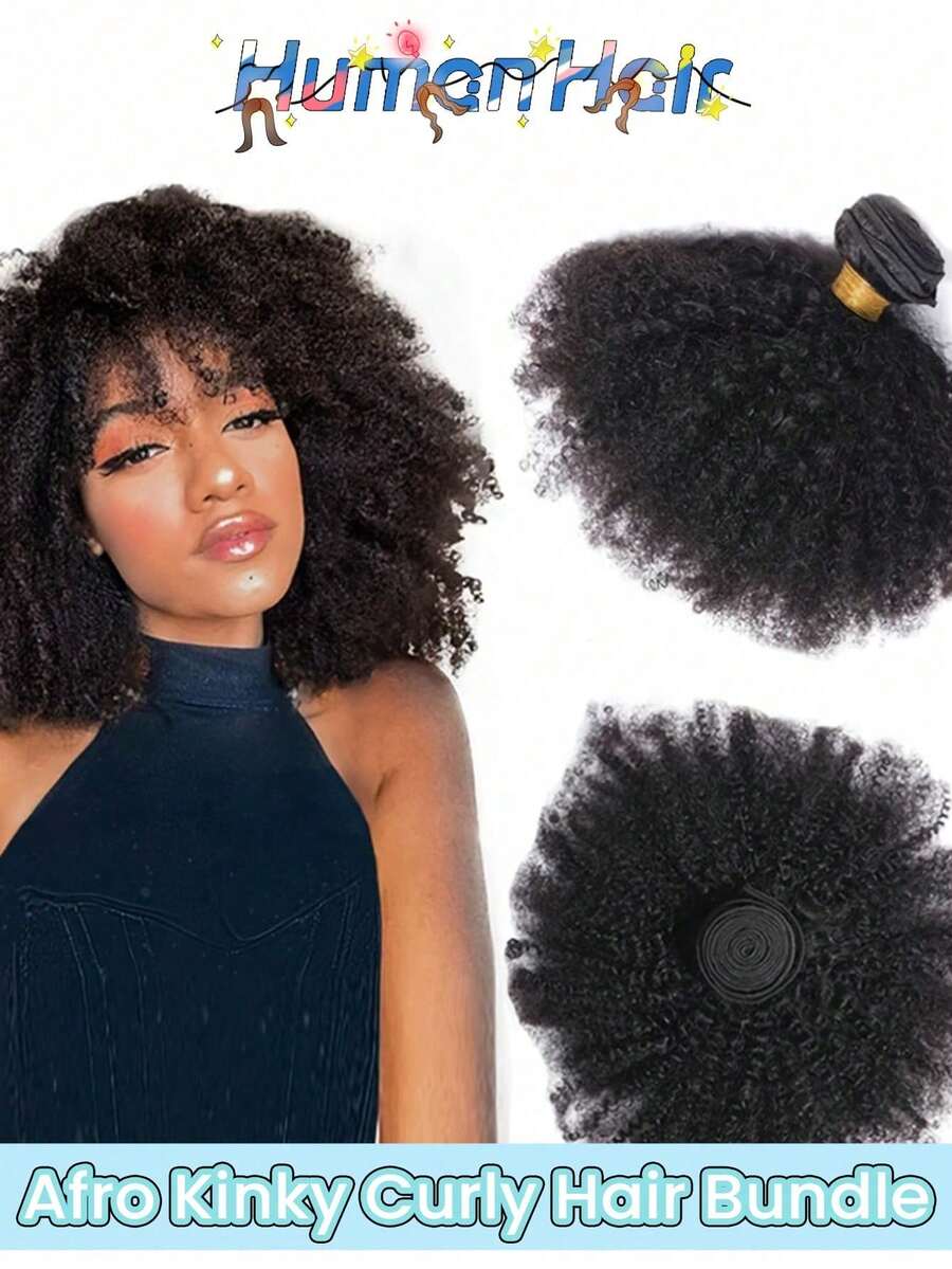 1~3 piezas Mechones de cabello humano rizado afro rizado de 8-22 pulgadas de color negro natural, extensiones de cabello con doble trama con hilos dorados entrelazados para mujeres - Natural Black - Ver 1
