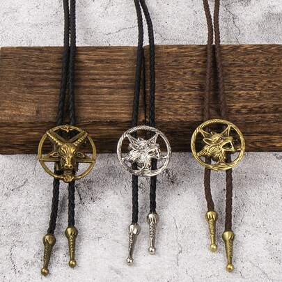 1pc Bolo Tie With Dark Pentagram & Goat Head Design, Vintage Western Wolf Head Necklace Cord, Gothic Punk Style Accessory