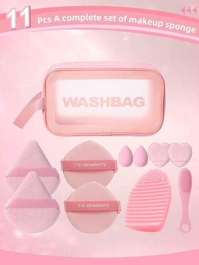 Set de 11 piezas de esponjas de belleza que incluye 6 esponjas portátiles (formas de triángulo/corazón/pulgar) + Limpiador de esponjas + Cepillo de masaje facial + Bolsa de maquillaje portátil con estampado de letras