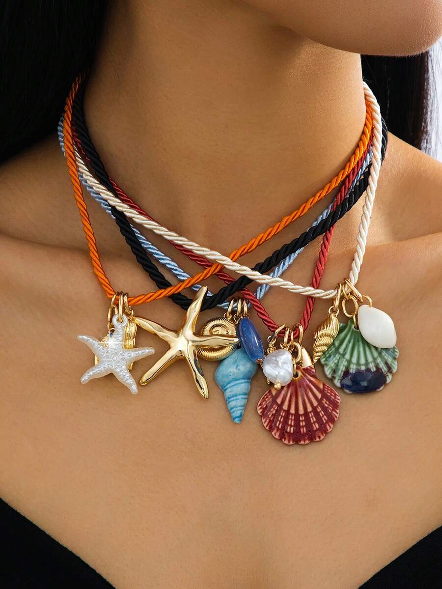 1件手工海星贝壳吊坠项链，海滩度假风饰品，饰有海洋生物吊坠和仿珍珠，适合春夏佩戴 - 項鍊 - 查看 1