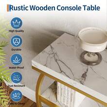Mesa de entrada con espacio de almacenamiento, consola estrecha industrial de 4 niveles detrás del sofá con base semicircular y estantes para sala de estar, pasillo y recibidor - Oro y blanco - Ver 4