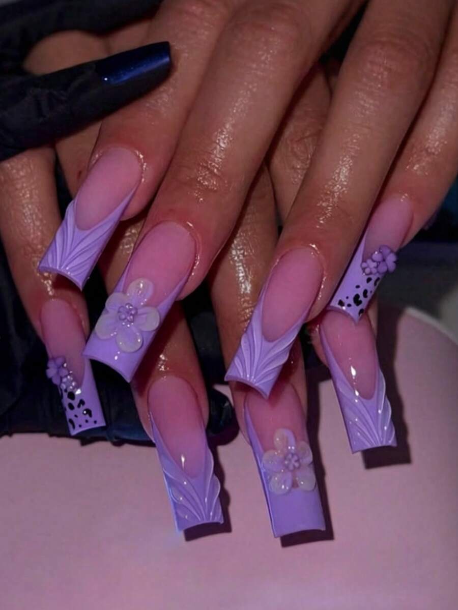 24pcs Purple French Manicure Nail Stickers, Rectangular, Nude Color, With 3D Floral And Wave Line Art Design, Leopard Print Decor, Minimalist Style, Smooth Surface, Full Coverage Fake Nails, Suitable For Women And Girls Daily Wear - Multicolor - View 1