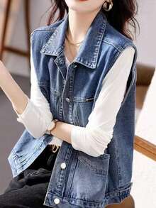 2026 Short Sleeveless Denim Vest Jacket For Women, Vest, Shoulder Guard, Outerwear Top - 藍色 - 查看 1