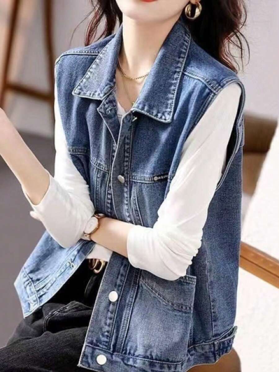 2026 Short Sleeveless Denim Vest Jacket For Women, Vest, Shoulder Guard, Outerwear Top - 藍色 - 查看 1