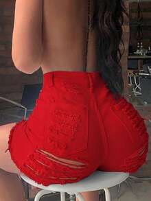 Summer Sexy Ripped Frayed Hem Fitted Shorts, Fashionable Cute, Versatile Outdoor Women Clothing Casual Red - Red - View 2