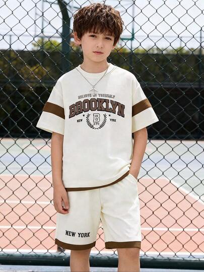 2 件装 Tween Boys 字母印花 2 合 1 短袖 T 恤和短裤套装，夏季