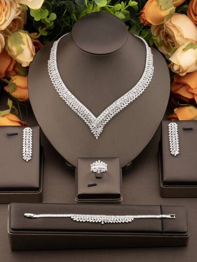 סט אחד של תכשיטי זירקוניה מעוקב אלגנטי בסגנון רטרו, מתאים למסיבת חתונה, כולל זוג עגילים אחד, שרשרת אחת, צמיד אחד, טבעת אחת, לא כולל קופסת מתנה