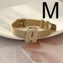 1pc Creative Fashion Elegant Design Exquisite Light Luxury Titanium Steel Inlaid Synthetic Zirconia 26 Alphabet Bracelet For Women Couple Jewelry Delicate Gift, Suitable For Mother's Day,Daily Dates, Parties, Summer, Beach,Holidays, Wedding, Vacation Wear - Gold - View 12