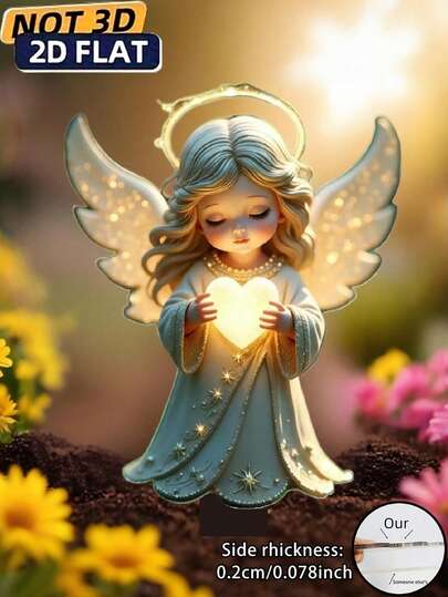 波西米亚风格心形祈祷天使2D平面花园装饰 - 现代墓地艺术纪念摆件，哀悼和墓地装饰礼品，无需电池的户外装饰，适用于复活节、独立日和其他节日，2D平面设计