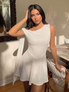 HoloChill Women's Casual Beach Vacation White Textured Asymmetric Neck Tie-Waist Short Dress, Women's Beach Dress, Wedding Guest Party Dress, Birthday Dress, Elegant Dress, Vacation Dress, Casual Dress - White - View 5