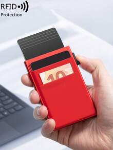 男士超薄鋁合金 RFID 防盜錢包 - 極簡純色多功能男士錢包，附自動彈出卡槽與鈔票夾，金屬卡夾可用於信用卡/身分證/現金，男士生日情人節父親節禮物 - 紅色 - 查看 2