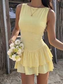 2026春夏女式提花纹理露背无袖连衣裙，适合约会和度假 - 黃色 - 查看 1
