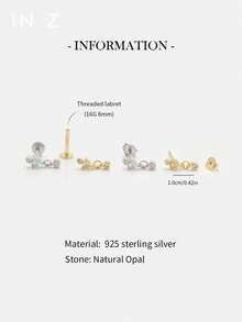 1件925纯银镶嵌锆石天然蛋白石流苏吊坠平底唇钉 | 精致小巧的耳钉 | 可叠戴耳环 | 天然蛋白石耳环 | 925纯银饰品 | 适合女性日常佩戴 | 单件出售（非一对） - 多色 - 查看 3