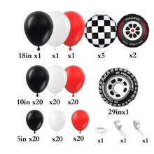 134 piezas Conjunto de guirnalda de globos con tema de autos de carreras, que incluye globos de papel de aluminio con diseño de neumáticos y globos de látex rojos, negros y blancos. Adecuado para fiesta de cumpleaños, baby shower, fiesta al aire libre, decoración de fiesta con tema de carreras y autos. - Ver 3