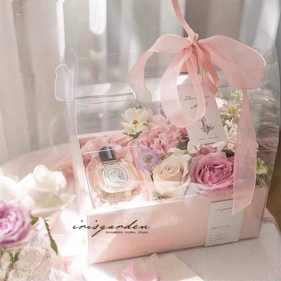 1个透明花卉装饰礼品包装盒，粉色PVC手提包礼品盒，适合家庭和花店使用，适用于婚礼、开学季、情人节、母亲节等场合。 - 透明鮮花禮盒 - 查看 1