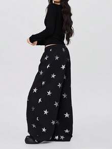 Quần thể thao nữ dài ống rộng in hình ngôi sao, chất liệu vải dệt kim thoải mái, có dây rút, hoàn hảo cho phong cách thể thao thời trang. - màu đen - Xem 3