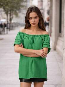 Camicetta da donna a balze con maniche a volant - Top con scollo a U e spalle scoperte - Maglietta estiva a maniche corte multistrato - Maglietta casual dalla vestibilità ampia - Verde - Visualizzare 3