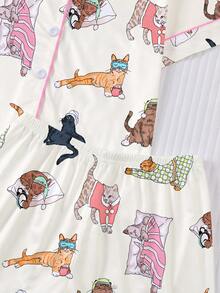 2 Stücke süßer, bunter Katzendruck Kinder Pyjama Set, Kurzarm Shorts Lässig Outfit, mit Cartoon Katzendruck, geeignet für Tween-Mädchen, Lässig Homewear oder Nachtwäsche, 2-teiliges Set - Aprikosenfarben - Übersicht 5