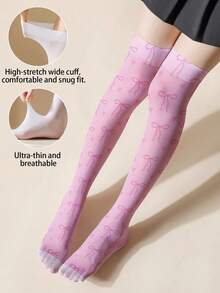 1/2 Pairs Thin 3D Printed Pink Bow & Heart Pattern Women Stockings - Cute Girly Style Tights, Suitable For Daily Wear, Dates, Holidays, 360 Degree Printed Over-The-Knee Stockings, Exclusive Spring/Summer Design - Multicolor - View 2