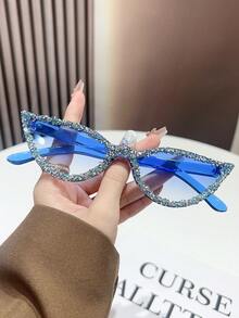 1 Pair Of Fashionable Shiny Rhinestone Cat Eye Glasses, Unique Candy Color Fashion Street Style Glasses, Suitable For Daily Wear, Women's Fashion Glasses, Women, Autumn And Winter Outfits, Beach Accessories, Vintage Y2K Basic Glasses, Business Casual Gift, Perfect For Daily Wear, Seaside, Beach, Vacation, Walking, Shopping, Driving, Street Photography, Valentine's Day, Summer Beach Vacation, Outdoor Activities, Travel - Color Frame Color - View 4