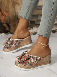 1 Pair Bow Decor Beach Vacation Platform Sandals, Fashionable Thick Sole For Home, Outdoor, Party, Summer - 玫紅色 - 查看 3