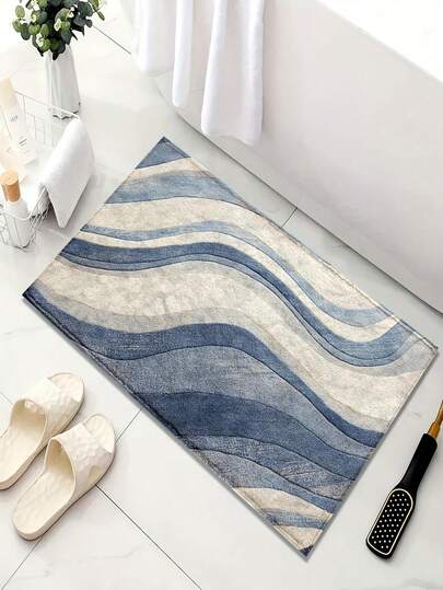 1件装简约蓝白浴室地垫，防滑浴室地毯，客厅卧室地垫，可折叠可水洗床边地毯，柔软防滑地垫和门垫，家居装饰