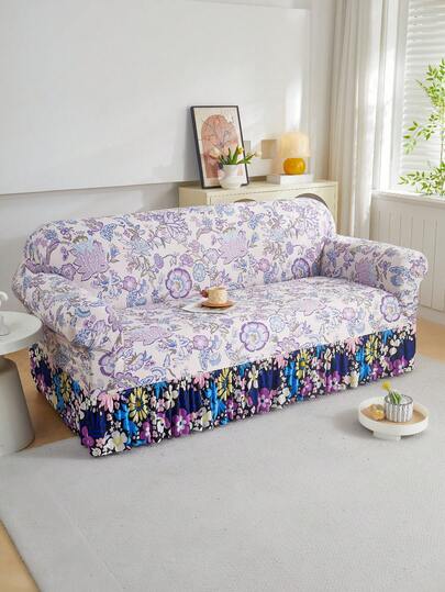 1pc Milk Silk Fabric Non-Slip Elastic Decorative Sofa Skirt, Suitable For Mother's Day, Wedding Season, Floral Print, Soft And Elegant Light Purple Floral, Rich Colors, Pet-Friendly Anti-Dirty Sofa Cover, 4 Sizes 1/2/3/4 Seat Available, Perfect Fit For All Seasons