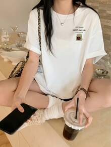 Y2K字母印花短袖T恤，女士夏季休闲圆领宽松百搭修身T恤 - 白色 - 查看 2