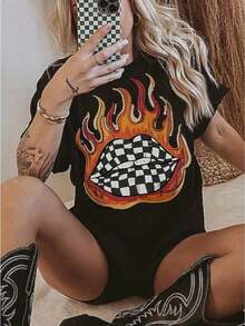 Checkered Flame Lips Shirt Western Graphic Tee Oversized Country Concert Tshirt  Western Clothes Retro Country Tee  Funny Graphic Tshirts - 黑色 - 查看 1