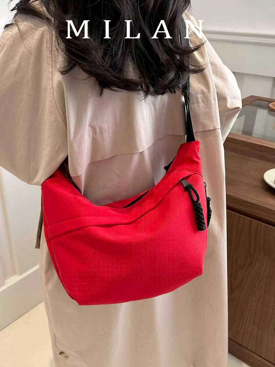 Fashionable Solid Color Nylon Waterproof Shoulder Bag, Casual Minimalist College Style, Wide Strap, Multiple Zipper Design, Suitable For Students, Shopping, Daily Use